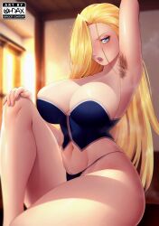 Rule 34 | 1girl, abs, arm up, armpit hair, armpits, artist logo, artist name, black panties, blonde hair, blue corset, blue eyes, breasts, cleavage, corset, curvy, eyelashes, feet out of frame, female focus, female pubic hair, fingernails, fullmetal alchemist, hair over one eye, hand on own knee, highres, knee up, large breasts, long hair, navel, ohdax, olivier mira armstrong, one eye covered, panties, parted lips, pubic hair, shiny skin, sitting, solo, thick thighs, thighs, underwear, wide hips