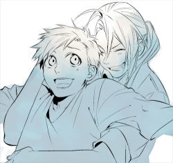 Rule 34 | 2boys, ahoge, alphonse elric, arms at sides, arms up, blue theme, brothers, clenched teeth, close-up, closed eyes, collarbone, edward elric, facing viewer, fang, fullmetal alchemist, grin, hand on another&#039;s waist, hug, hug from behind, laughing, light blush, limited palette, locked arms, looking at another, looking back, lowres, male focus, multiple boys, noako, open mouth, parted bangs, ponytail, raised eyebrow, shirt, siblings, simple background, smile, swept bangs, tareme, teeth, tongue, upper body, upper teeth only, white background, wide-eyed