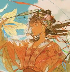 Rule 34 | 1girl, artist name, brown hair, cloud, earrings, green eyes, hair between eyes, highres, holding, illumi999, japanese clothes, jewelry, kimono, light particles, long hair, looking ahead, original, outdoors, parted lips, sidelocks, signature, sky, solo, traditional clothes, upper body