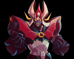 Rule 34 | absurdres, black background, clenched hands, commentary, english commentary, glowing, glowing eyes, highres, mazinger (series), mazinkaiser, mazinkaiser (robot), mecha, no humans, robot, science fiction, shiwo (shiwoart), solo, super robot, upper body, yellow eyes