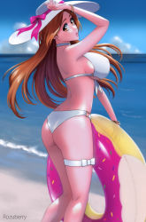 Rule 34 | 1girl, ass, bare shoulders, beach, bikini, bleach, blue sky, bracelet, breasts, brown eyes, brown hair, cloud, feet out of frame, halterneck, hat, highres, holding, holding swim ring, innertube, inoue orihime, jewelry, large breasts, lips, long hair, looking at viewer, ocean, outdoors, parted lips, ribbon, rozuberry, sideboob, sky, solo, standing, swim ring, swimsuit, thigh strap, white bikini, white ribbon