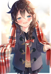 Rule 34 | 1girl, ahoge, black coat, black skirt, blue eyes, blush, braid, brown hair, coat, collarbone, fringe trim, hair between eyes, hair flaps, kantai collection, long hair, long sleeves, looking at viewer, naoto (tulip), necktie, open clothes, open coat, open mouth, pleated skirt, red necktie, red scarf, scarf, shigure (kancolle), shigure kai ni (kancolle), single braid, skirt, smile, solo