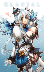 Rule 34 | 1girl, alternate costume, alternate eye color, alternate hair color, bad id, bad pixiv id, blue background, breasts, cleavage, crown, elsword, fur trim, large breasts, limble, long hair, rena erindel, skirt, smile, snowflakes, solo, thighhighs, white hair, white thighhighs, yellow eyes