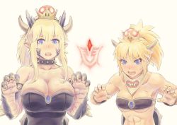 Rule 34 | 2girls, abs, animal hands, artoria pendragon (fate), artoria pendragon (lancer alter) (fate), blonde hair, blue eyes, bowsette, bowsette jr., breasts, claw pose, claws, collar, command spell, fate/grand order, fate (series), horns, kensaint, large breasts, mario (series), medium breasts, mordred (fate), mordred (fate/apocrypha), multiple girls, new super mario bros. u deluxe, nintendo, open mouth, pointy ears, scarf, studded collar, super crown