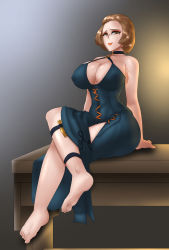 Rule 34 | 1girl, absurdres, ass, barefoot, breasts, brown eyes, brown hair, choker, cleavage, covered erect nipples, dagger, dress, eyeshadow, feet, female focus, fire emblem, fire emblem: three houses, green dress, highres, huge ass, huge breasts, intelligent systems, knife, makeup, manuela casagranda, matching hair/eyes, mature female, mole, mole under eye, nintendo, solo, tagme, toes, usagiforehead, weapon