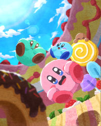 Rule 34 | biting, blush, cake, candy, closed eyes, cloud, cloudy sky, day, desert, dessert, doughnut, eating, flying, food, fruit, happy, highres, kirby, kirby&#039;s dream buffet, kirby (series), lollipop, miclot, nintendo, no humans, open mouth, sky, sparkling eyes, strawberry, sun, sunlight, tongue