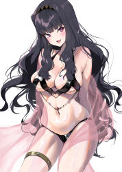 Rule 34 | 1girl, absurdres, alternate costume, alternate hair color, black hair, blush, breasts, cleavage, highres, idolmaster, idolmaster (classic), idolmaster million live!, large breasts, long hair, looking at viewer, midnamana, navel, red eyes, see-through, see-through shawl, shawl, shijou takane, simple background, skindentation, smile, solo, stomach, thighlet, very long hair, white background
