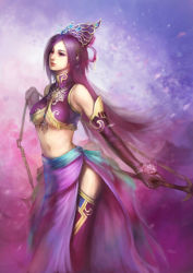 Rule 34 | 1girl, bare shoulders, breasts, diao chan, elbow gloves, gloves, hair ornament, large breasts, long hair, midriff, navel, purple eyes, purple hair, shin sangoku musou, side slit, solo, thighhighs, underboob, very long hair, weapon, youshun (naturaljuice), youshun (pixiv63924)