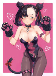Rule 34 | 1girl, absurdres, animal ears, animal hands, asymmetrical bangs, bare shoulders, black collar, black hair, black leotard, black nails, border, breasts, brown pantyhose, caee penguin, cat ears, cat paws, cat tail, closed mouth, collar, cowboy shot, creatures (company), fingerless gloves, game freak, gloves, green eyes, hair ribbon, halloween, hands up, highres, leotard, marnie (pokemon), medium breasts, nintendo, pantyhose, paw gloves, paw pose, pokemon, pokemon swsh, ribbon, solo, tail, twintails, white border