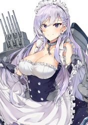 Rule 34 | 1girl, absurdres, apron, azur lane, bare shoulders, belfast (azur lane), blush, braid, breasts, chain, cleavage, collar, collarbone, curtsey, dress, french braid, frills, gloves, highres, large breasts, long hair, maid, maid headdress, purple eyes, silver hair, smile, solo, swept bangs, turret, tuxedo de cat, white background