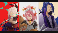 Rule 34 | 1boy, 2girls, ae (alter-c), animal ears, animal hands, apron, asymmetrical hair, autumn leaves, bad id, bad pixiv id, bell, blue eyes, blue hair, blue kimono, breasts, cat hair ornament, cat paws, cleavage, collar, detached sleeves, dual wielding, earrings, fangs, fate/grand order, fate/stay night, fate (series), fox ears, fox tail, gloves, hair ornament, holding, holding sword, holding weapon, japanese clothes, jewelry, jingle bell, katana, kimono, large breasts, long hair, magatama, maid headdress, miyamoto musashi (fate), miyamoto musashi (third ascension) (fate), multiple girls, name connection, neck bell, obi, paw gloves, pink hair, ponytail, sasaki kojirou (fate), sash, sheath, short kimono, sleeveless, sleeveless kimono, sword, tail, tamamo (fate), tamamo cat (fate), tamamo cat (second ascension) (fate), type-moon, unsheathed, weapon, yellow eyes