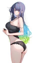 Rule 34 | 1girl, absurdres, ass, black camisole, blue hair, bra, breasts, camisole, clothes lift, collarbone, gradient hair, highres, komupi, lace, lace bra, lingerie, multicolored eyes, multicolored hair, natsumi (komupi), off shoulder, original, shirt lift, simple background, solo, underwear, wavy ends, white background