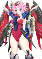 Rule 34 | 1girl, between breasts, blue eyes, breasts, crotch seam, destiny gundam, detached collar, ebi 193, facial tattoo, frown, gun, gundam, hair ornament, large breasts, leotard, mecha musume, mechanical wings, personification, pink hair, shield, shoulder pads, solo, tattoo, thighs, weapon, wings