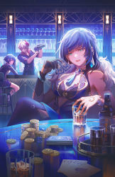 Rule 34 | 1girl, 2boys, ace (playing card), ace of spades, ahoge, alcohol, bar (place), bare shoulders, belt, blonde hair, blue eyes, blue hair, bob cut, braid, breasts, card, center opening, chair, cleavage, closed eyes, closed mouth, commentary, crossed legs, cup, diagonal bangs, dice, earrings, english commentary, fur, gambling, genshin impact, glass, gloves, gold trim, green eyes, half gloves, hand up, highres, holding, holding card, ice, ice cube, indoors, jack (playing card), jack of spades, jessica wijaya, jewelry, king (playing card), king of spades, liquor, looking at viewer, looking back, mask, mask on head, medium breasts, money, multiple boys, open mouth, playing card, power connection, queen (playing card), queen of spades, reflection, royal flush, shadow, single bare arm, smile, spade (shape), standing, tartaglia (genshin impact), tassel, teeth, ten of spades, upper teeth only, v-shaped eyebrows, watch, xingqiu (genshin impact), yelan (genshin impact)