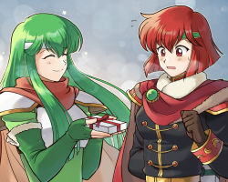 Rule 34 | 2girls, armor, betabetamaru, box, breastplate, brown gloves, cape, closed eyes, closed mouth, elbow gloves, fingerless gloves, fire emblem, fire emblem: mystery of the emblem, gift, gift box, gloves, green gloves, green hair, green headband, hair between eyes, headband, highres, holding, holding gift, minerva (fire emblem), multiple girls, nintendo, open mouth, palla (fire emblem), pauldrons, red eyes, red hair, short hair, shoulder armor, smile, snow, snowing, twitter username, white headband
