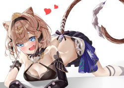 Rule 34 | 1girl, :d, absurdres, alternate eye color, animal ears, asymmetrical gloves, bikini, bikini top only, black bikini, black gloves, black shorts, blue eyes, blush, brown hair, cat ears, cat girl, cat tail, gloves, headband, heart, highres, honkai (series), honkai impact 3rd, kd (kdh45689), leaning forward, looking at viewer, mismatched gloves, mole, mole under eye, open mouth, pardofelis (honkai impact), short hair, shorts, simple background, smile, solo, swimsuit, tail, white background