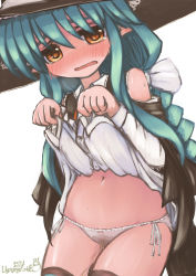 Rule 34 | 1girl, aqua hair, artist name, bare shoulders, black hat, black vest, blush, bow, bow panties, braid, clothes lift, clothing cutout, collared shirt, cowboy shot, dated, embarrassed, female focus, hair ribbon, half-closed eyes, hands up, hat, highres, lifted by self, long hair, long sleeves, looking at viewer, navel, nose blush, open mouth, orange eyes, original, panties, pee, peeing, peeing self, pointy ears, ribbon, shiny skin, shirt, shirt lift, shoulder cutout, side-tie panties, sidelocks, signature, simple background, solo, standing, stomach, sweat, tears, thighhighs, thighs, ugogogesik, underwear, vest, wet, wet clothes, wet panties, white background, white panties, white ribbon, white shirt, witch, witch hat
