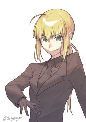 Rule 34 | 1girl, absurdres, artoria pendragon (all), artoria pendragon (fate), black gloves, black necktie, blonde hair, fate/zero, fate (series), formal, gloves, green eyes, highres, long hair, looking at viewer, necktie, ponytail, saber (fate), shaded face, shayubi, smirk, solo, suit, twitter username, upper body, white background