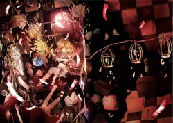 Rule 34 | alternate wings, bird, bloomers, book, cage, checkered floor, cup, different reflection, dual persona, earth (planet), feathers, female focus, flandre scarlet, floor, full moon, hanada hyou, kneehighs, mirror, moon, multiple girls, multiple persona, night, no headwear, no headwear, planet, red moon, reflection, shoes, single shoe, sitting, socks, teacup, teapot, thighhighs, touhou, underwear, white legwear, window, wings