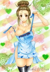Rule 34 | 1girl, apron, artist name, bare shoulders, black thighhighs, blush, breasts, brown eyes, brown hair, cleavage, creatures (company), forehead, game freak, hair bun, large breasts, marker (medium), mature female, mother (pokemon), musical note, naked apron, nintendo, open mouth, pokemon, pokemon bw2, quaver, single hair bun, solo, takecha, thighhighs, traditional media, unova mother (bw2)