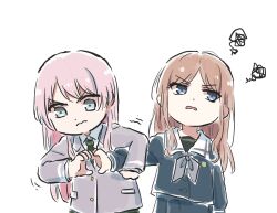 Rule 34 | 2girls, annoyed, bang dream!, bang dream! it&#039;s mygo!!!!!, blue eyes, brown hair, chihaya anon, grabbing another&#039;s arm, grey eyes, heart hands failure, highres, long hair, lyy, multiple girls, mygo!!!!! (bang dream!), pink hair, school uniform, simple background, white background