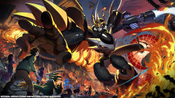 Rule 34 | belt, blue fire, cannon, character request, destruction, digimon, digimon (creature), digimon card game, digimon liberator, dragon, fire, flying, ghostmon, hat, imperialdramon, imperialdramon dragon mode (black), imperialdramon fighter mode (black), jacket, kazama shoto, kinosaki arisa, looking at another, looking at viewer, mask, official art, open hand, owen dreadnought, pteromon, red eyes, sangomon, shoemon, sunarizamon, tail, wings