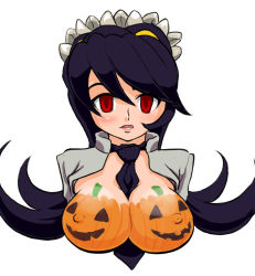 Rule 34 | 1girl, between breasts, bodypaint, breasts, breasts out, colorized, female focus, filia (skullgirls), halloween, large breasts, lips, looking at viewer, necktie, necktie between breasts, nipples, paint, pumpkin, red eyes, samson (skullgirls), simple background, skullgirls, solo, tagme, tuhis, upper body, white background