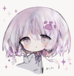 Rule 34 | 1girl, :o, bad id, bad pixiv id, blush, bow, chibi, cottontailtokki, cropped torso, dress, grey background, grey dress, grey eyes, hair between eyes, hand up, long sleeves, original, parted lips, purple bow, purple hair, simple background, solo, sparkle, upper body