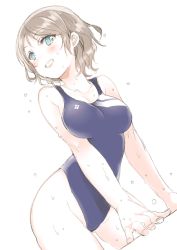 Rule 34 | 10s, 1girl, aqua eyes, arm support, bad id, bad twitter id, bent over, blue one-piece swimsuit, breasts, brown hair, collarbone, competition swimsuit, dripping, from below, grin, looking to the side, love live!, love live! school idol project, love live! sunshine!!, nakayama miyuki, one-piece swimsuit, short hair, smile, solo, swimsuit, watanabe you, wet