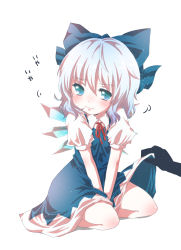 Rule 34 | 1girl, bad id, bad pixiv id, blue eyes, blue hair, blush, bow, child, cirno, clothes lift, dress, dress lift, hair bow, highres, ice, imminent rape, kuromame (8gou), matching hair/eyes, shaking head, short hair, simple background, sitting, solo, solo focus, tears, touhou, v arms, wings