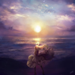 Rule 34 | 1girl, absurdres, arms at sides, beach, black pantyhose, blonde hair, cloud, commentary request, dress, frilled skirt, frills, from behind, gradient sky, hair blowing, hair ribbon, high heels, highres, horizon, juliet sleeves, kyogoku-uru, layered dress, legs apart, light particles, long sleeves, no headwear, no headwear, ocean, pantyhose, pink footwear, puffy sleeves, reflection, ribbon, scenery, signature, skirt, sky, solo, standing, sun, sunset, tabard, touhou, trigram, waves, white dress, wide shot, wind, yakumo yukari