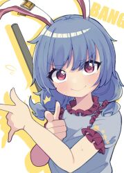 Rule 34 | 1girl, animal ears, blue dress, blue hair, blush, closed mouth, dress, earclip, fingernails, frilled sleeves, frills, long hair, looking at viewer, rabbit ears, red eyes, seiran (touhou), short sleeves, solo, star (symbol), star print, touhou, upper body, yamase