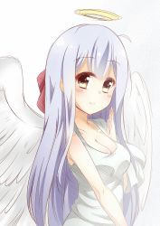 Rule 34 | 10s, 1girl, ahoge, angel, angel wings, bad id, bad pixiv id, blush stickers, breasts, cleavage, dress, gabriel dropout, halo, highres, large breasts, looking at viewer, raphiel shiraha ainsworth, smile, solo, struts, upper body, white dress, white hair, wings, yellow eyes