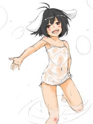 Rule 34 | 1girl, ahoge, animal ears, armpits, bad id, bad pixiv id, barefoot, black hair, dust box, face, female focus, flat chest, highres, inaba tewi, nipples, open mouth, rabbit ears, red eyes, see-through, short hair, sketch, smile, solo, touhou, water, wet, wet clothes