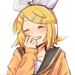 Rule 34 | 1girl, black collar, blonde hair, blush, bow, closed eyes, collar, collarbone, commentary, covering own mouth, facing viewer, grin, hair bow, hair ornament, hairclip, hand over own mouth, hand up, headphones, highres, kagamine rin, m0ti, orange sweater, sailor collar, sketch, smile, solo, sweater, swept bangs, treble clef, twitter username, upper body, vocaloid, white bow