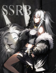 Rule 34 | 1girl, ahoge, animal ears, bad id, bad twitter id, bare shoulders, belt, black nails, breasts, earrings, fur-trimmed jacket, fur trim, grey eyes, grey hair, hair between eyes, highres, hololive, jacket, jewelry, large breasts, lion, lion ears, lion girl, long hair, looking at viewer, midriff, mouth hold, nail polish, necklace, shirt, shishiro botan, shishiro botan (1st costume), skirt, sleeveless, sleeveless shirt, solo, thighs, virtual youtuber, yufei1236