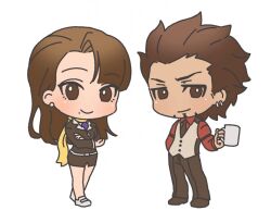 Rule 34 | 1boy, 1girl, ace attorney, brown eyes, brown hair, brown skirt, chibi, closed mouth, crossed arms, cup, diego armando, earrings, facial hair, formal, full body, holding, holding cup, jacket, jewelry, lcageki, long hair, long sleeves, magatama, mia fey, mole, mole under mouth, necktie, pants, phoenix wright: ace attorney - trials and tribulations, red shirt, scarf, shirt, shoes, short hair, simple background, skirt, smile, suit, vest, white background
