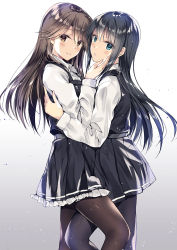Rule 34 | 2girls, arashio (kancolle), asashio (kancolle), bad id, bad pixiv id, black dress, black hair, black legwear, blue eyes, brown eyes, brown hair, commentary request, dress, frilled dress, frills, gradient background, hand on another&#039;s face, highres, kantai collection, kobayashi chisato, leg between thighs, long hair, long sleeves, looking at viewer, looking to the side, multiple girls, neck ribbon, pantyhose, pinafore dress, ribbon, school uniform, shirt, simple background, skirt, sleeveless, sleeveless dress, smile, standing, suspenders, white shirt, yuri