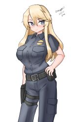 Rule 34 | 1girl, absurdres, badge, belt, blonde hair, blue eyes, blue pants, blue shirt, breast pocket, breasts, contrapposto, dated, highres, iowa (kancolle), kantai collection, large breasts, maru (marg0613), one-hour drawing challenge, pants, pocket, police, police uniform, policewoman, shirt, simple background, solo, star-shaped pupils, star (symbol), symbol-shaped pupils, twitter username, uniform, white background