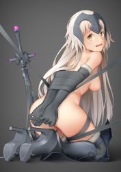 Rule 34 | 1girl, armor, armored boots, arms behind back, ass, bdsm, black footwear, black thighhighs, blonde hair, bondage, boots, bound, bound arms, bound legs, breasts, elbow gloves, fate/grand order, fate (series), from behind, full body, gloves, grey background, headpiece, high heel boots, high heels, highres, jeanne d&#039;arc (fate), jeanne d&#039;arc alter (avenger) (fate), jeanne d&#039;arc alter (fate), kep (ahokep), knee boots, kneeling, leaning forward, long hair, looking back, medium breasts, nipples, nude, shoe soles, simple background, solo, sword, tape, tape bondage, tearing up, tears, thighhighs, very long hair, wavy mouth, weapon, yellow eyes