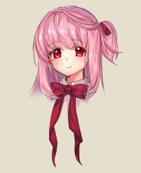Rule 34 | 1girl, blush, bow, brown background, closed mouth, collared shirt, commentary request, cropped shoulders, hair ribbon, long hair, looking at viewer, one side up, original, pink hair, portrait, red bow, red eyes, red ribbon, ribbon, ruri rarako, shirt, simple background, smile, solo, tareme, white shirt