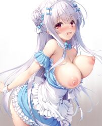 Rule 34 | 1girl, absurdres, apron, azur lane, bare shoulders, blue bow, blue bowtie, blush, bow, bowtie, breasts, breasts out, cygnet (an offer to be maid) (azur lane), cygnet (azur lane), detached collar, double bun, embarrassed, frilled apron, frills, gradient background, hair bun, highres, large breasts, long hair, maid, maid headdress, mikagami mamizu, nipples, official alternate costume, open mouth, red eyes, simple background, solo, very long hair, waist apron, wardrobe malfunction, white hair, wrist cuffs