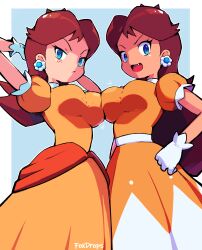Rule 34 | absurdres, arms behind head, blue eyes, breast contest, breast press, brown hair, clone, dress, earrings, fang, flower earrings, foxdropsdraws, gloves, hands on own hips, highres, jewelry, mario (series), nintendo, official alternate costume, orange dress, outside border, princess daisy, super mario land
