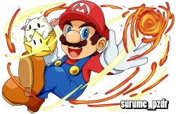 Rule 34 | 1boy, :d, artist request, bad id, bad pixiv id, blue eyes, blush stickers, brown hair, creature, crossover, facial hair, fire, fireball, gloves, hat, male focus, mario, mario (series), mustache, nintendo, open mouth, outstretched arm, overalls, puzzle &amp; dragons, smile, super star (mario), super mario bros. 1, tamadra, white gloves, wings