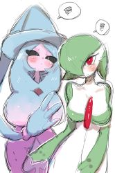 Rule 34 | 2girls, black sclera, blue hair, blue headwear, blush, breasts, closed mouth, colored sclera, colored skin, creatures (company), female focus, flat chest, game freak, gardevoir, gen 3 pokemon, gen 8 pokemon, gradient hair, green hair, green skin, hair over one eye, hat, hatterene, highres, large breasts, long hair, looking at another, looking at viewer, multicolored hair, multicolored skin, multiple girls, nintendo, onikuman, pink hair, pink skin, pokemon, pokemon (creature), prehensile hair, red eyes, short hair, simple background, sketch, speech bubble, spoken squiggle, squiggle, standing, two-tone skin, very long hair, white background, white eyes, white skin, witch hat