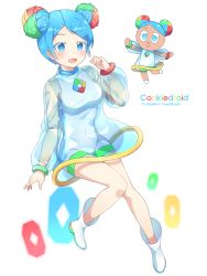 Rule 34 | 1girl, :d, blonde hair, blue eyes, blue hair, blush, boots, breasts, character name, commentary, cookie run, cookiedroid, copyright name, covered navel, double bun, dress, full body, green hair, highres, kaoling, long sleeves, looking at viewer, medium breasts, multicolored hair, open mouth, personification, puffy long sleeves, puffy sleeves, red hair, see-through, see-through sleeves, sleeveless, smile, white background, white footwear