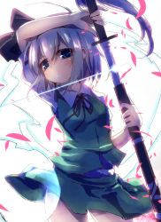 Rule 34 | 1girl, ayakashi (monkeypanch), blue eyes, bow, drawing sword, glint, hair bow, highres, holding, holding sword, holding weapon, konpaku youmu, konpaku youmu (ghost), looking at viewer, petals, scabbard, sheath, silver hair, skirt, skirt set, sword, touhou, unsheathing, weapon