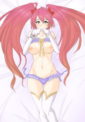 Rule 34 | 1girl, bed sheet, blush, bow, breasts, collarbone, covering own mouth, curvy, facing viewer, gloves, gluteal fold, green eyes, hair between eyes, highres, long hair, looking at viewer, lying, medium breasts, mushihime-sama, navel, nipples, on back, partially undressed, pink hair, pulling, reco, ribbon, simple background, solo, thighhighs, thighs, tridisart, twintails, undressing, very long hair, wide hips
