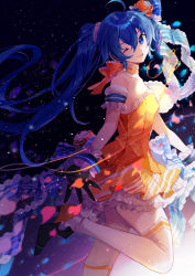 Rule 34 | 1girl, bare shoulders, black footwear, black gloves, breasts, commentary request, dress, frills, from side, gloves, hair between eyes, hair ornament, hatsune miku, hatsune miku (vocaloid4) (chinese), highres, long hair, looking at viewer, one eye closed, orange dress, shoes, skirt, sleeveless, small breasts, smile, solo, thighhighs, twintails, very long hair, vocaloid, white thighhighs, yayako (804907150)