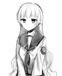 Rule 34 | 1girl, absurdres, angel beats!, closed mouth, commentary request, expressionless, eyes visible through hair, greyscale, hair down, hair ornament, hair ribbon, headset, highres, key (company), long hair, long sleeves, looking to the side, microphone, monochrome, ribbon, school uniform, serafuku, shinda sekai sensen uniform, shirt, simple background, solo, standing, upper body, very long hair, white background, white shirt, yusa (angel beats!), zuzuhashi